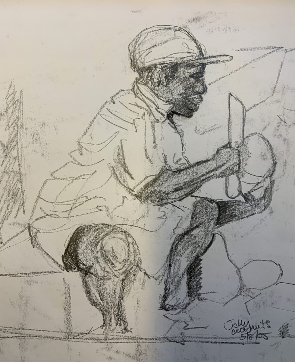 drawing of man with coconuts